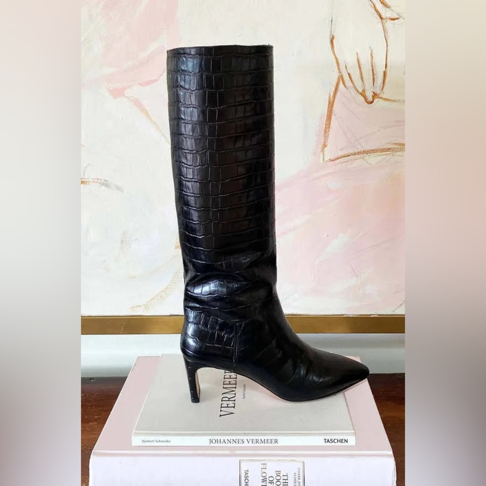 Emerson Fry Black Croc-Embossed Pointed-Toe Knee Boots